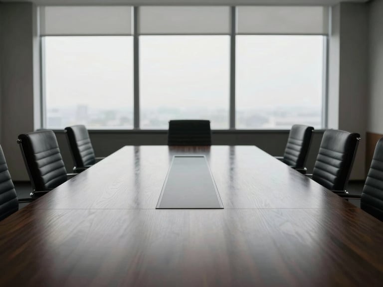 An empty executive boardroom with a long dark oak table, soft natural window light reflecting on the surface, minimalist corporate design, architectural framing