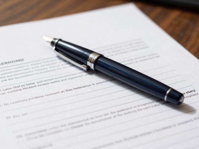 Close-up of a premium fountain pen resting on a structured financial contract, warm corporate daylight, deep navy tones, sharp focus, 35mm
