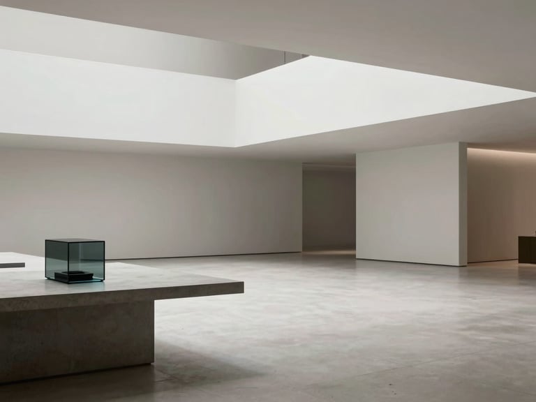 Panoramic 21:9 wide cinematic environmental shot of a modern minimalist architectural space, clean geometric lines, soft diffused studio lighting, a single dark glass device resting on a concrete table to the left third.