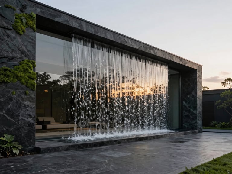 A modern minimalist residential terrace with a sleek glass water curtain, soft golden hour reflections, architectural editorial photography