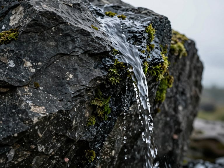 Extreme close-up of a hand-sculpted dark slate rock texture, water trickling down, dramatic side-lighting highlighting stone crevices, 35mm architectural photography
