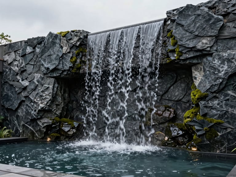 A luxurious indoor stone wall waterfall cascading into a minimalist pool, dramatic side-lighting highlighting stone crevices, editorial photography
