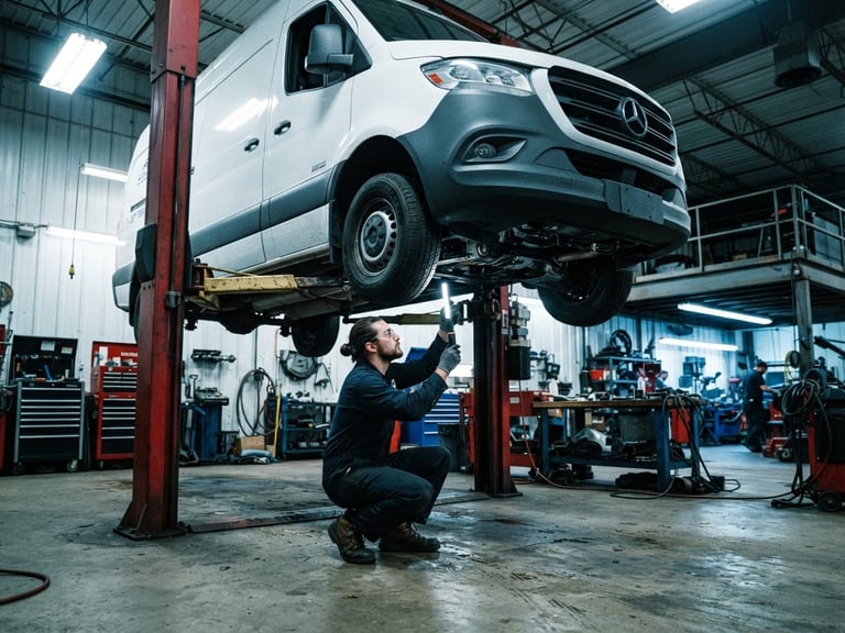 Wide environmental shot of a clean industrial workshop bay, a commercial van elevated on a lift, mechanic in dark uniform inspecting the undercarriage, bright high-contrast lighting, sharp details, 35mm.