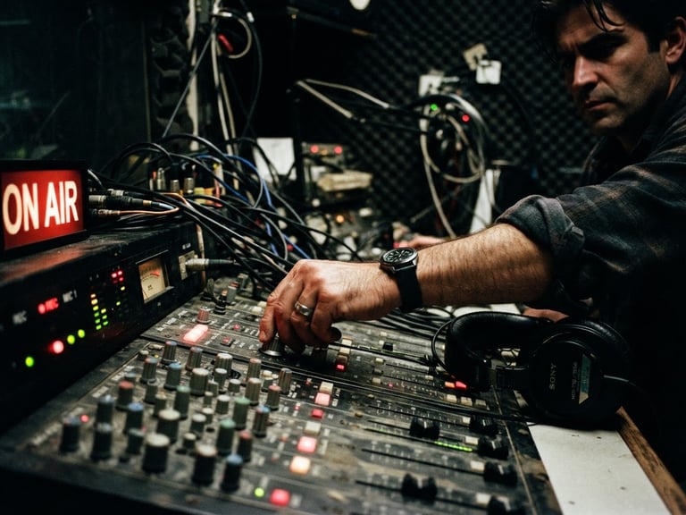 Gritty high-contrast flash photography of a dark radio booth with glowing red and green LEDs, tangled cables, and a hand adjusting a mixing console dial, 35mm film grain.