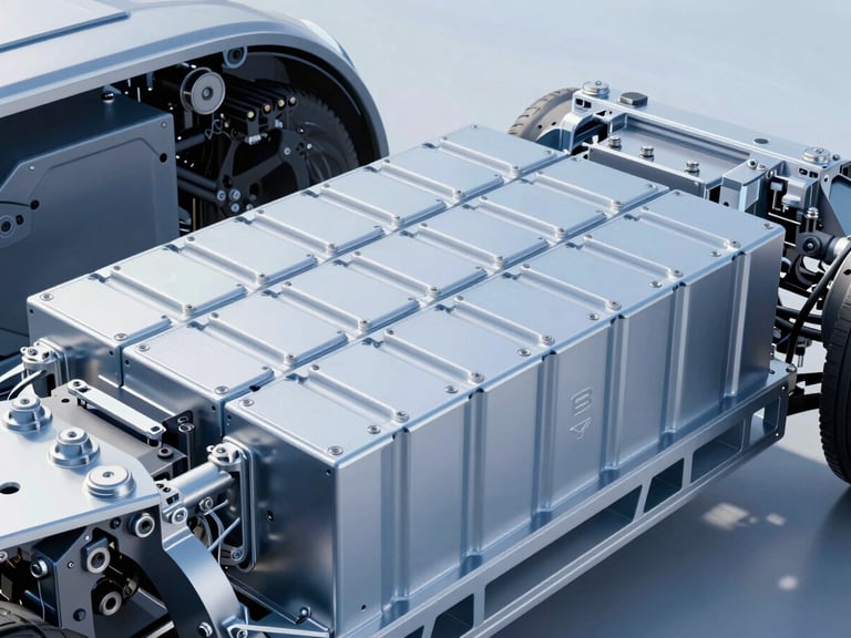Detailed shot of the BYD Blade Battery chassis showing the metallic cells, cool blue studio lighting, sharp focus, technical aesthetic