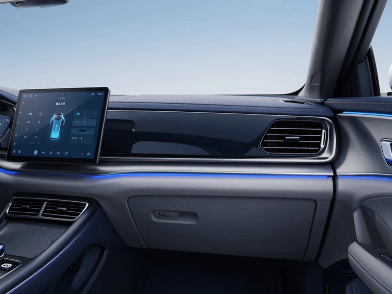 Sleek automotive interior showing the clean dashboard of a BYD Seal, cool blue ambient lighting, sharp focus, 35mm lens