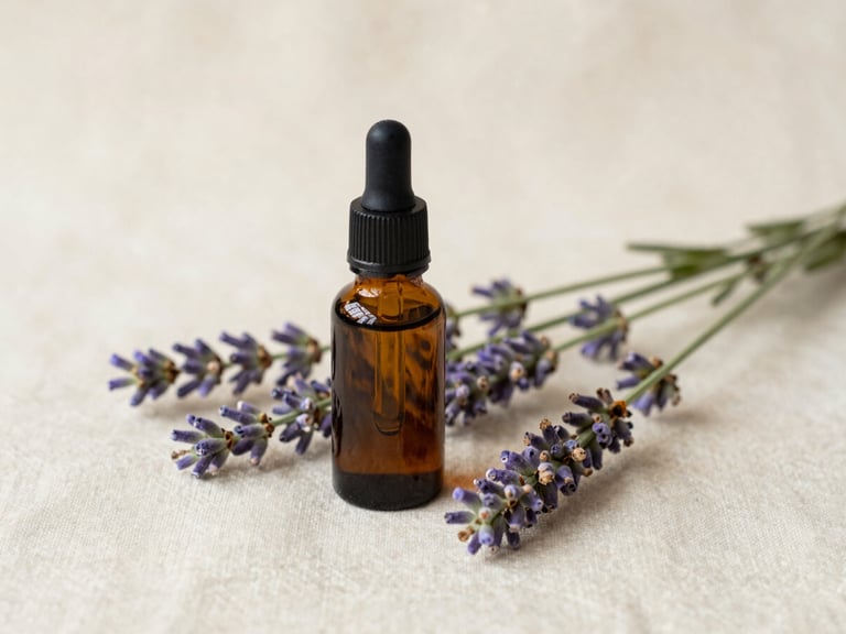 Close-up of a small amber glass dropper bottle of essential oil next to fresh lavender sprigs on a cream linen, soft diffused daylight.
