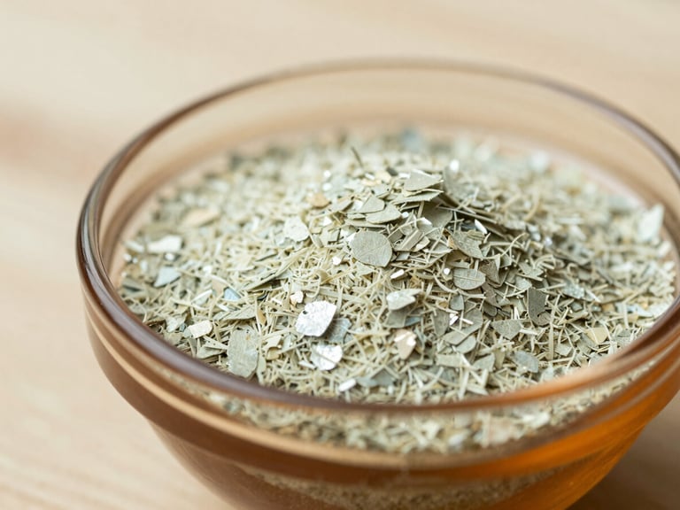 Close-up of magnesium flakes in a small amber glass bowl on a light wood surface, soft diffused daylight, shallow depth of field.