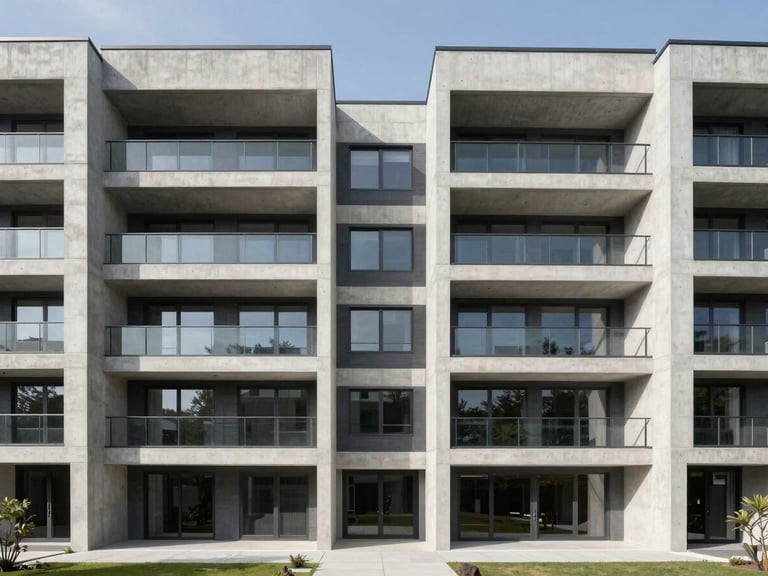 Symmetrical architectural photograph of a modern concrete residential building exterior, sharp lines, bright natural daylight, wide-angle lens