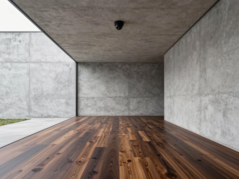 Symmetrical architectural shot of a modern interior featuring premium dark wood flooring, raw concrete walls, and a discreetly integrated black CCTV dome camera on the ceiling, natural side lighting