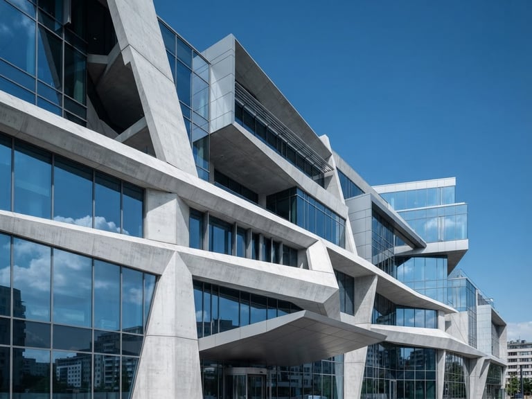 Crisp architectural photography of a modern minimalist corporate headquarters facade with sharp concrete angles and cool blue daylight reflections, ultra-sharp focus