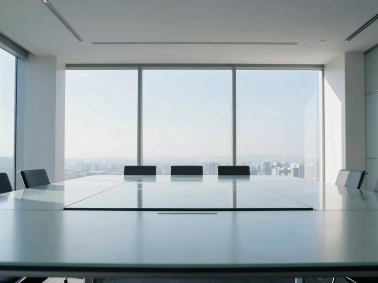 Wide architectural perspective of an empty modern boardroom with minimalist glass tables and cool daylight streaming through