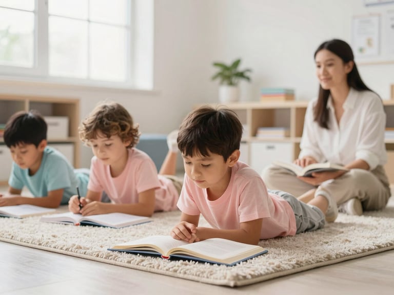 A bright, clean indoor learning space in Oldham, soft natural daylight, children reading on a soft rug with an educator nearby, warm editorial photography style.