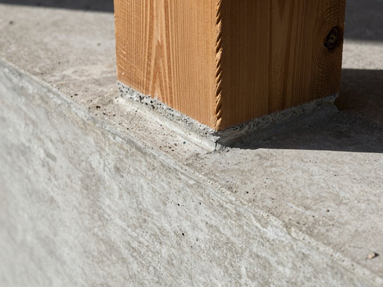 Extreme close-up study of a structural joint where a thick slab of raw board-formed concrete meets a heavy native timber beam, harsh direct sunlight highlighting the textures.