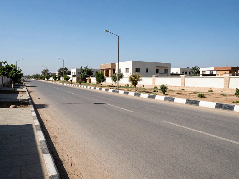 Wide-angle environmental photograph of a clean, sunny residential plot in Sector 9-11 Hisar, showing paved roads, concrete boundary markers, and clear blue sky in midday light.