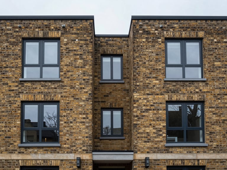 Straight-on architectural detail of a modern UK residential brick exterior, clean lines, diffuse natural daylight, symmetrical framing.