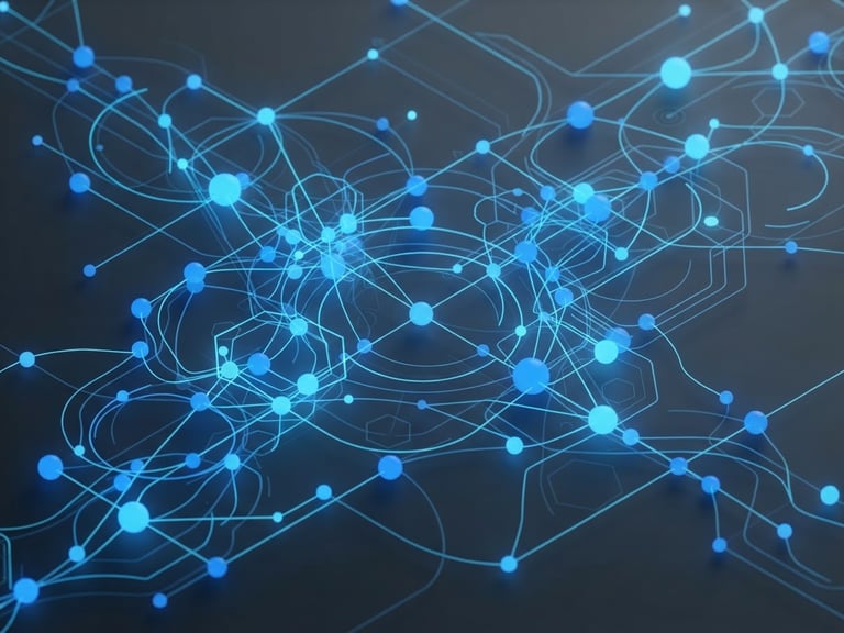 Abstract 3D render of glowing blue network nodes and interconnected vector lines, dark-mode studio lighting, cool gray background, minimal isometric perspective