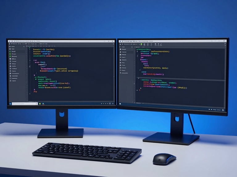 Wide shot of a developer's dual-monitor workstation showing Android Studio with Kotlin coroutine code on a dark screen, cool blue edge lighting, clean organized desk, sharp focus on the code