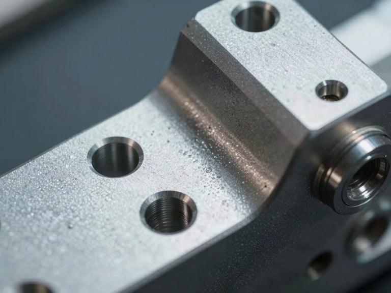 Macro shot of a complex titanium aerospace bracket, showing a bead-blasted finish under cool industrial light.