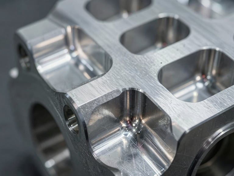Extreme close-up of a freshly machined billet aluminum component, reflecting industrial lighting, with visible tool marks.