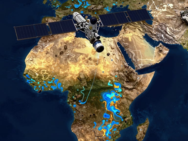 High-altitude tactical satellite heat map overlaying the Horn of Africa border terrain, showing thermal imaging readouts and tracking coordinates, glowing electric blue and gold accents.