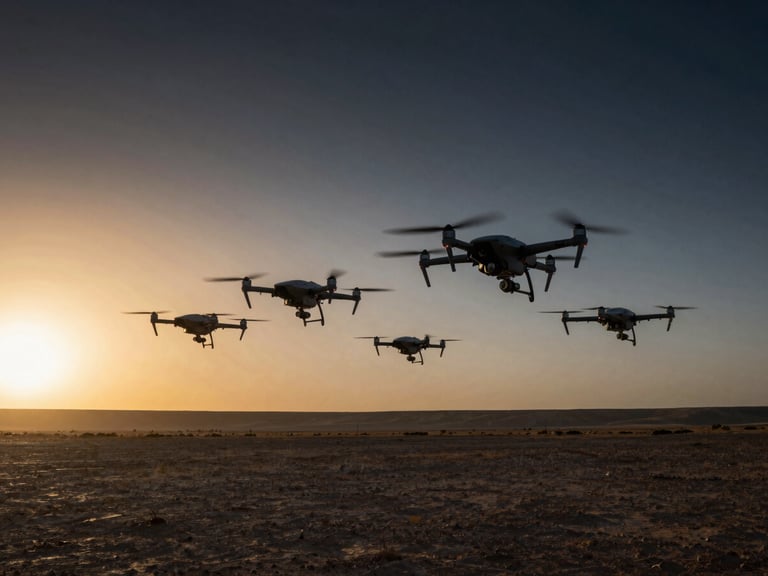 Wide environmental shot of an autonomous drone fleet flying in formation over the dry Ogaden basin at sunrise, dramatic low-key lighting, technical details.