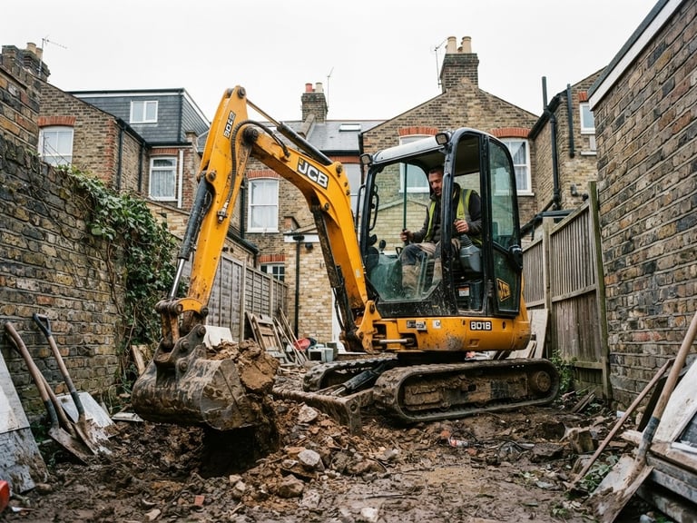 Low-angle heroic shot of a yellow mini excavator operating in a tight London residential backyard, bright overcast daylight, high contrast yellow and charcoal tones, sharp focus, 35mm