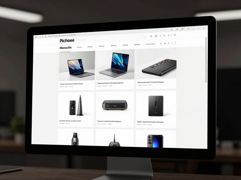 Wide shot of a high-fidelity web design mockup displayed on a monitor, clean product pages visible with structured grid layout, dark studio environment, bright even light on the screen surface, detail-sharp interface crops