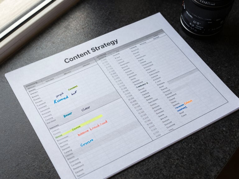 Overhead flat-lay of a content strategy document with structured content calendars, keyword clusters printed and annotated, on a dark desk surface, bright natural light from a side window, sharp document detail visible