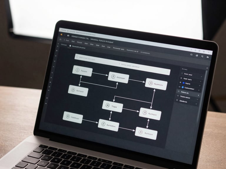 Close-up overhead of a laptop screen showing an automation workflow diagram with connected nodes and trigger arrows, dark interface on a minimal desk, bright studio light from above, sharp focus on the interface details
