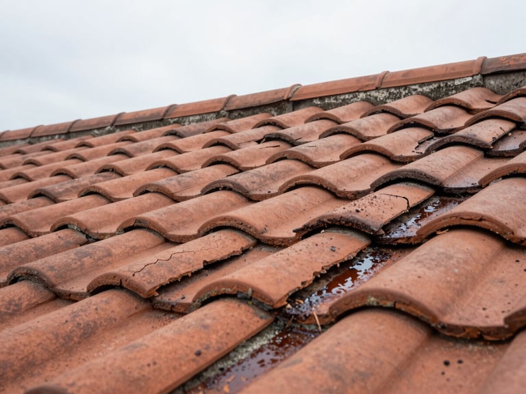 Close documentary shot of a damaged roof surface with cracked and missing clay tiles, water stains visible around the ridge, overcast natural daylight, no people