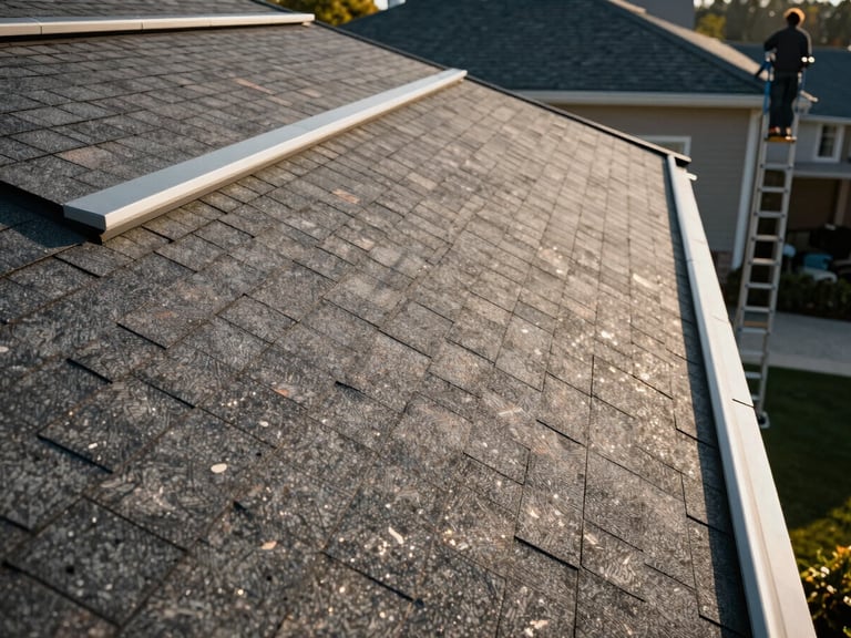 Wide shot of the same roofline now covered with uniform new composite shingle panels gleaming in afternoon sun, clean ridge cap installed, gutters aligned, workers descending ladder in background