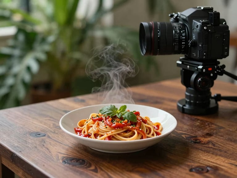 Behind-the-scenes view of a professional camera on a tripod capturing a steaming bowl of handmade pasta on a dark wooden table