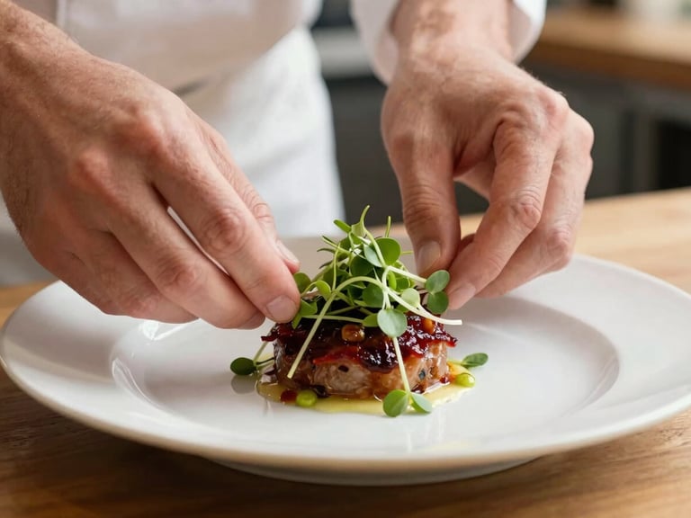 Close-up of a chef’s hands carefully plating a delicate dish with microgreens in a warm, naturally lit kitchen, shallow depth of field
