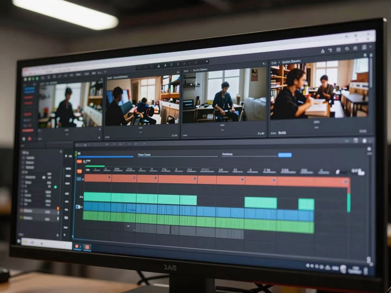 Editing workspace detail — a timeline with video clips laid out in precise sequence on a dark monitor, color grading panels visible, organized and methodical, no person visible, clean studio overhead light