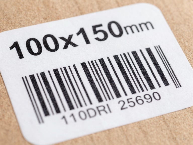 High-contrast shot of a 100x150mm shipping label on a cardboard box, showing clear printed text and barcode
