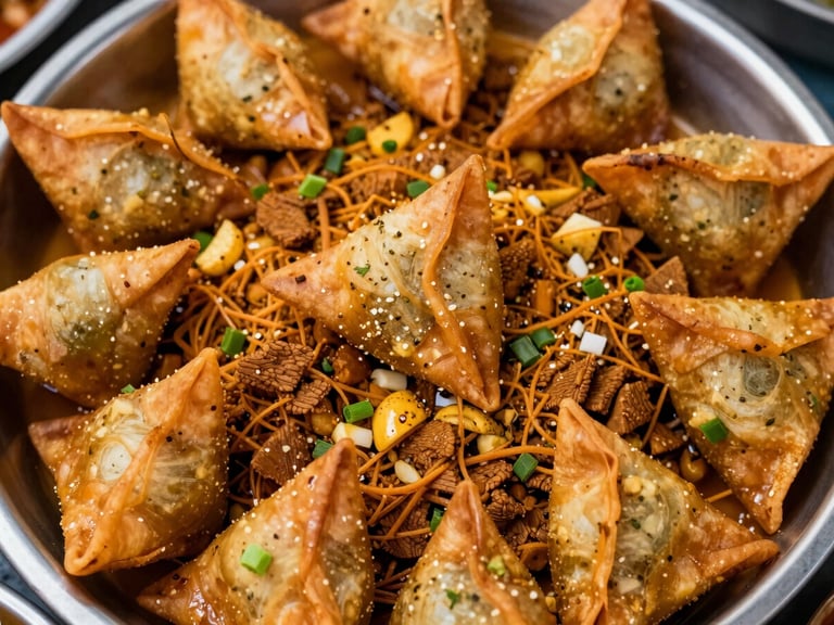 Overhead shot of a vibrant samosa chaat bowl, loaded with toppings, harsh market lighting.