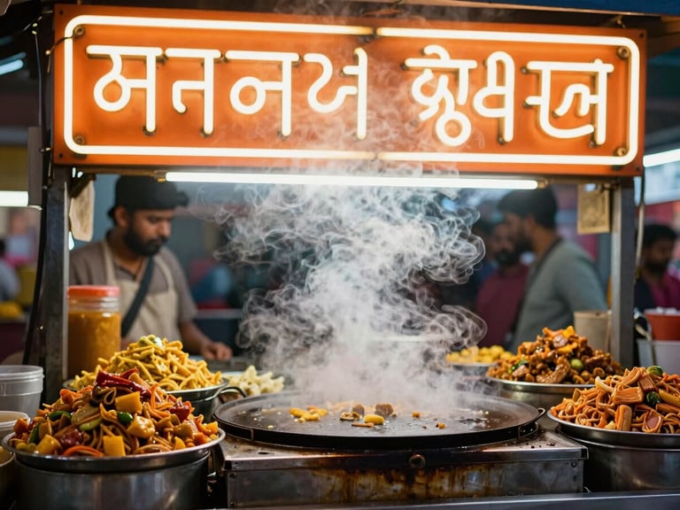 Wide shot of a bustling Indian market stall with an orange neon sign, steam rising from a flat-top grill, harsh market lighting