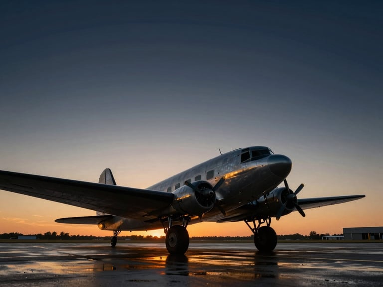 Low-angle dramatic silhouette of a vintage DC-3 aircraft on a wet runway at sunset, warm golden-hour light reflecting off aluminum wings, deep navy sky.