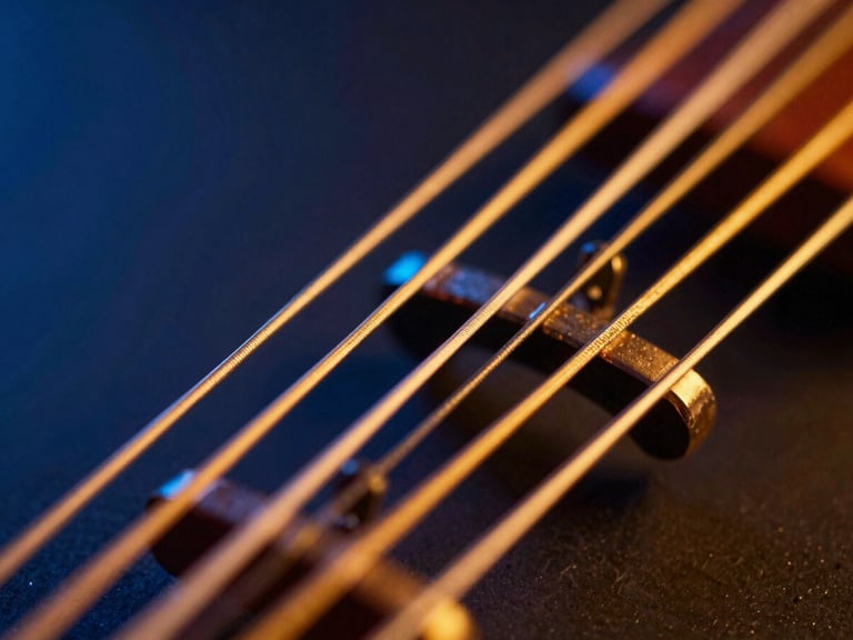 Macro close-up of golden veena strings under dramatic neon saffron and deep blue studio lighting, 35mm editorial photography