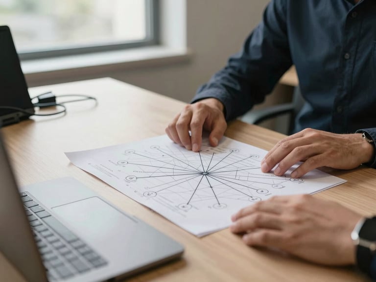 Wide environmental shot of a consultant's desk in a small office, hands resting on a printed network diagram spread across the table, natural north-facing window light, cables and a laptop visible at the edge of frame, no people facing camera