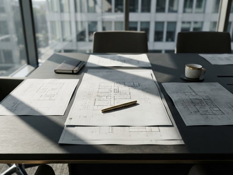 Architectural close-up of a clean, modern conference room table with structured planning documents and a gold pen, dramatic side lighting, geometric shadows, 50mm lens