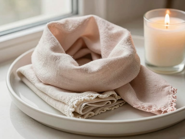 Elegant lifestyle details, a ceramic tray holding a folded linen scarf and a soft-scented candle, warm natural lighting, editorial aesthetic