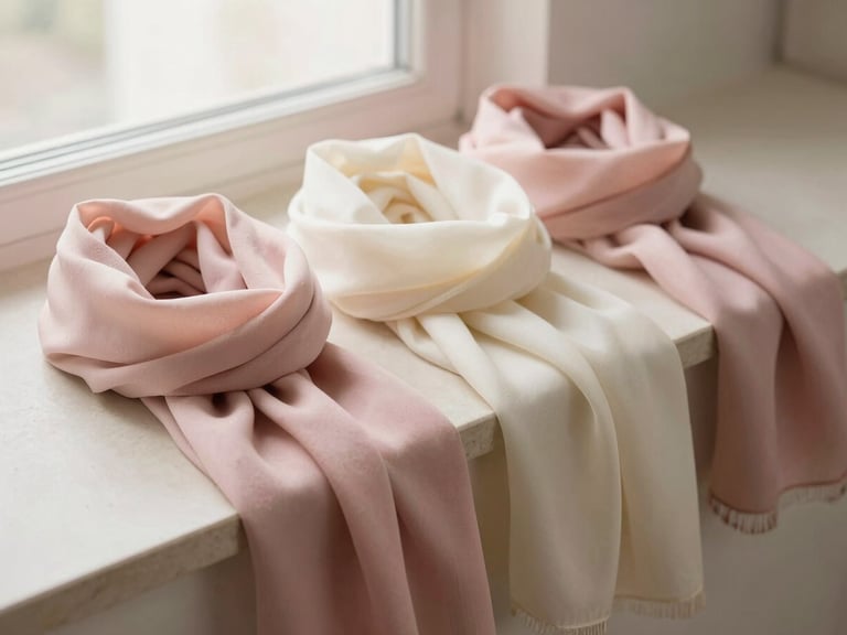 Softly draped pastel pink and cream premium scarves arranged on a minimalist stone ledge, diffused morning light, shallow depth of field