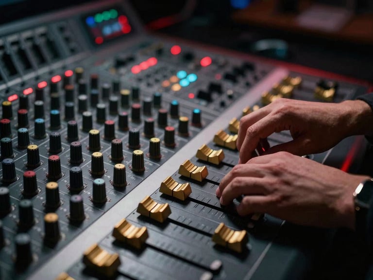 Sleek close-up of a professional sound engineer's hands adjusting a gold-plated fader on a massive mixing board, dramatic low-key lighting, crimson highlights