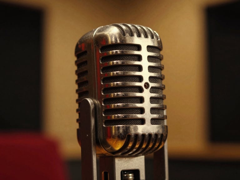 Extreme close-up of a high-end vintage tube microphone in a dark, moody recording booth, soft golden background glow, anamorphic lens
