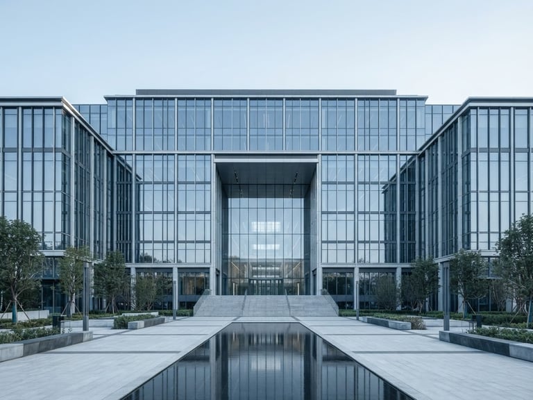 Symmetrical wide-angle architectural shot of a modern corporate headquarters facade, clean daylight, desaturated cool tones, medium format.