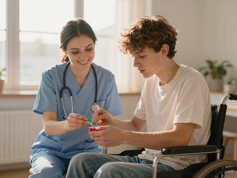 A smiling nurse and a young adult with physical disabilities working together on a craft project in a bright room, warm golden-hour light, shallow depth of field.