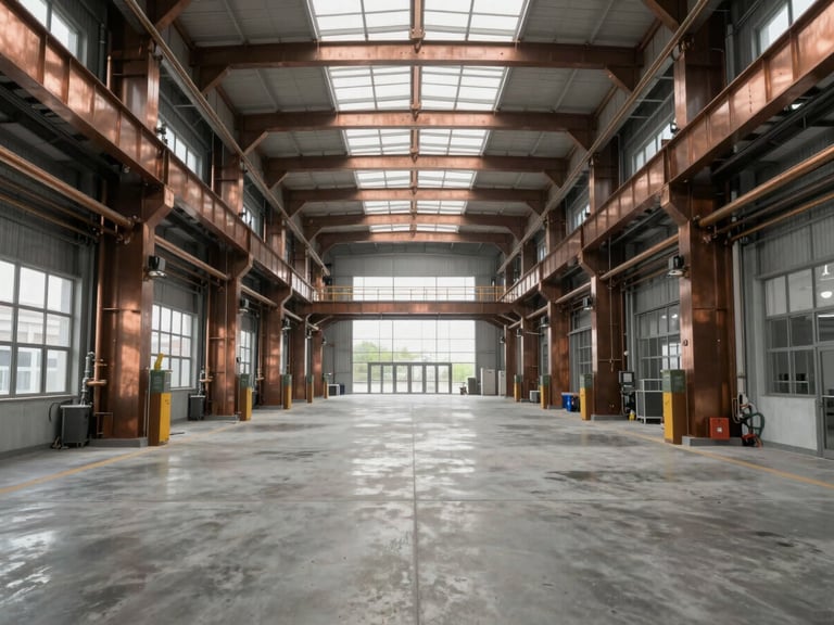 Symmetrical wide shot of a modern industrial facility interior, clean concrete floor, soft diffuse daylight from high windows, copper-toned structural elements.