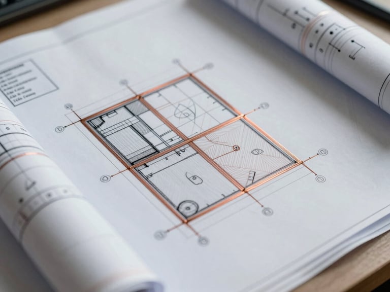 Extreme close-up of architectural blueprints with fine copper lines, technical diagrams, and structural calculations on a clean desk.